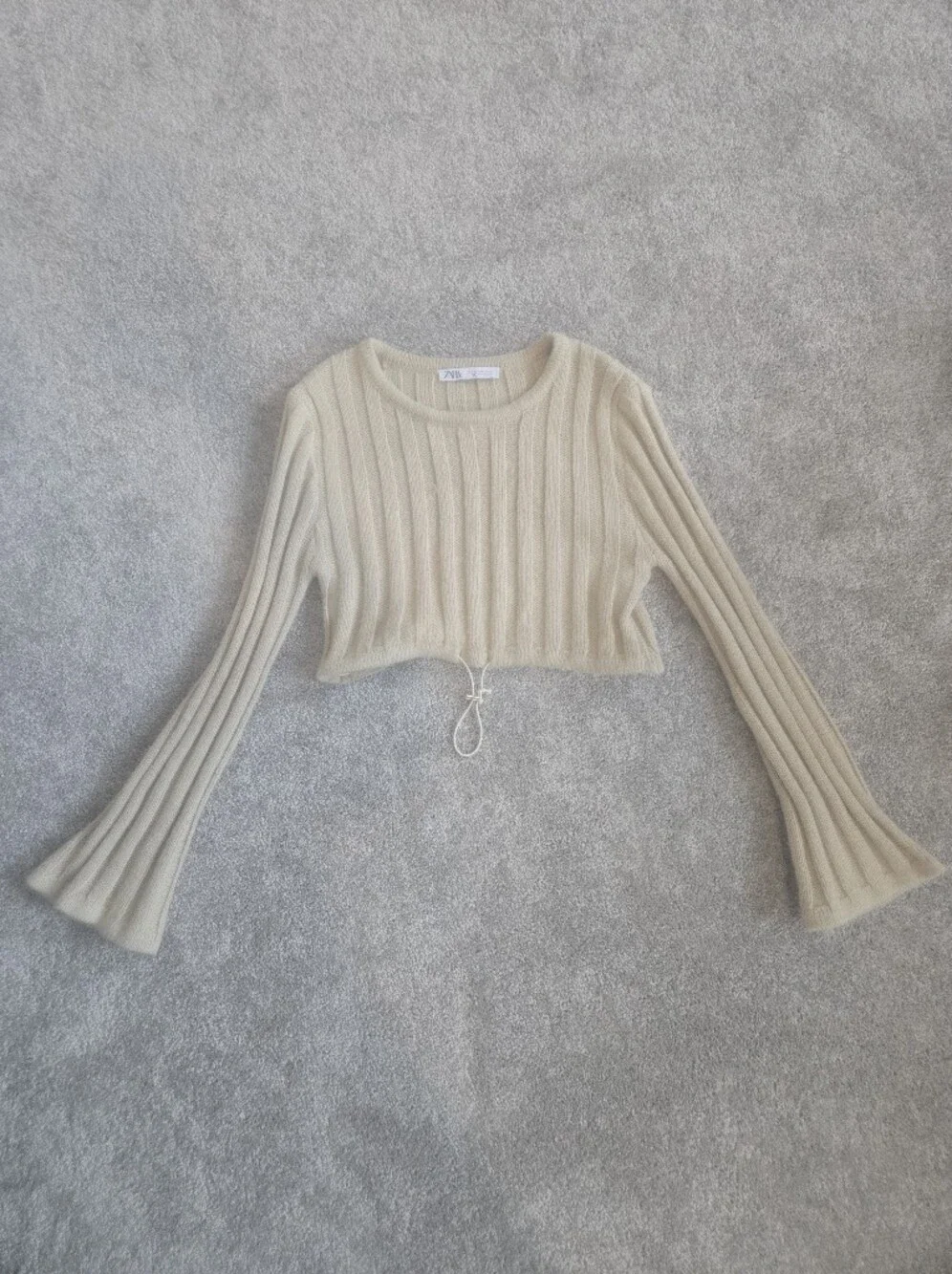 Zara Cropped Ribbed Drawstring Sweater Top - Cream